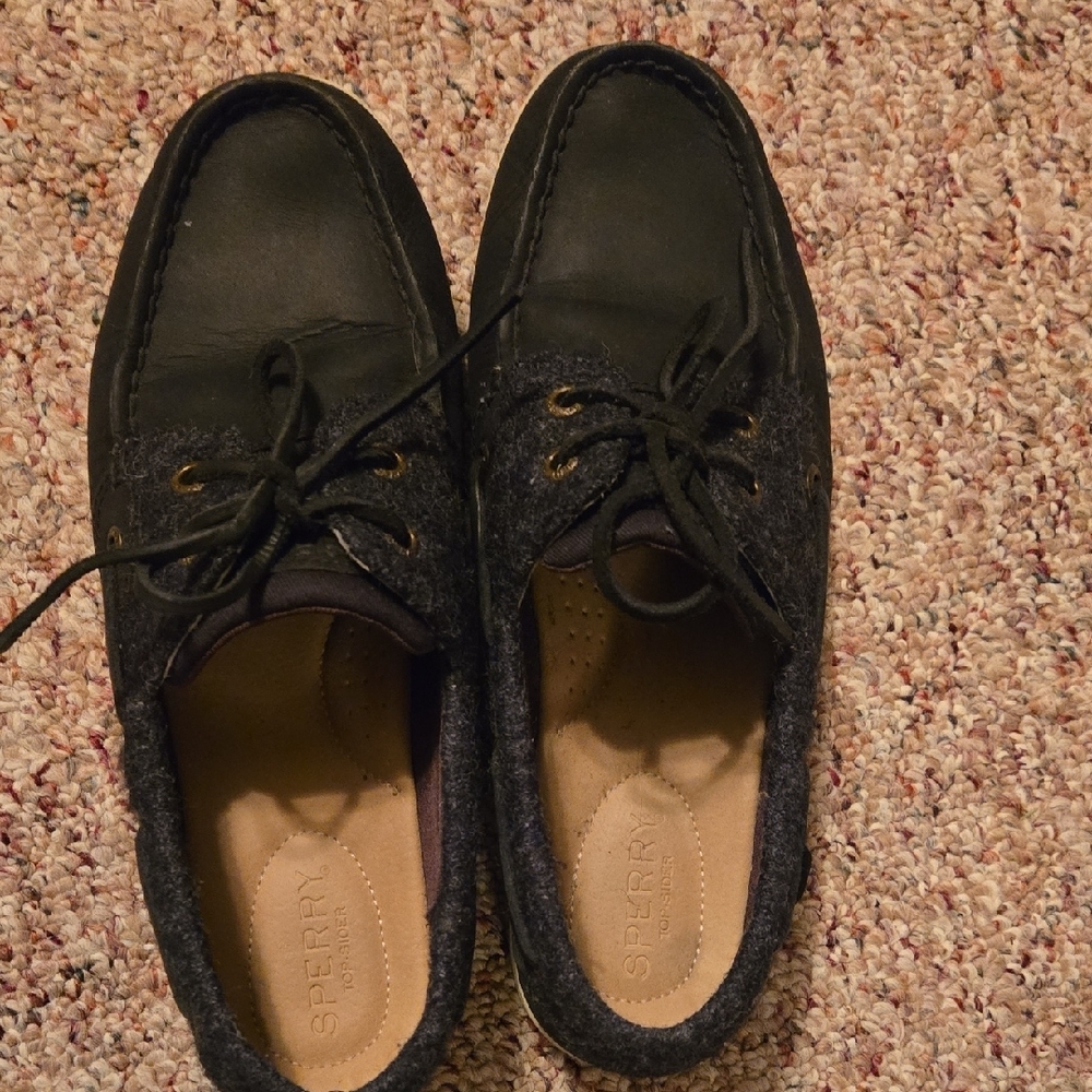 ​Sperry Top-Sider Bahama Boat Shoes | Black Leather & Grey Wool | Size 7.5